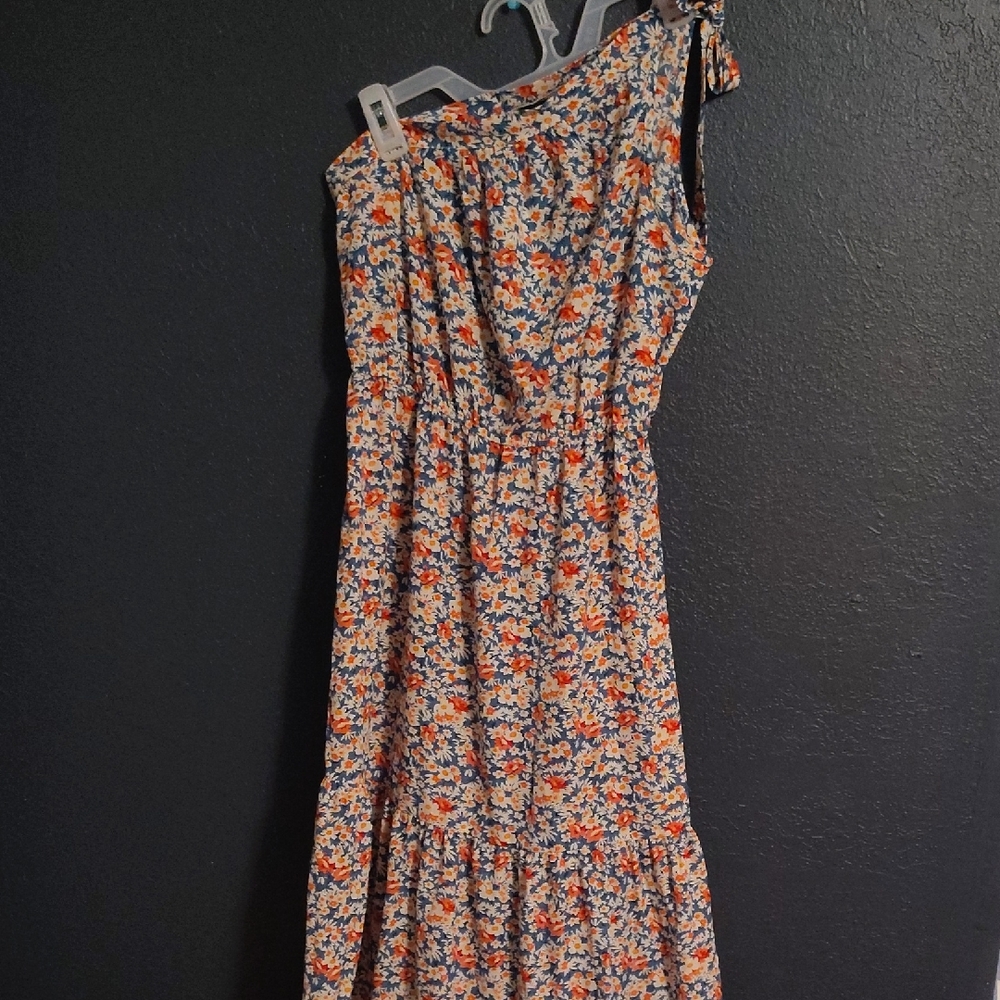 One-Shoulder Floral Maxi Dress in Blue and Orange